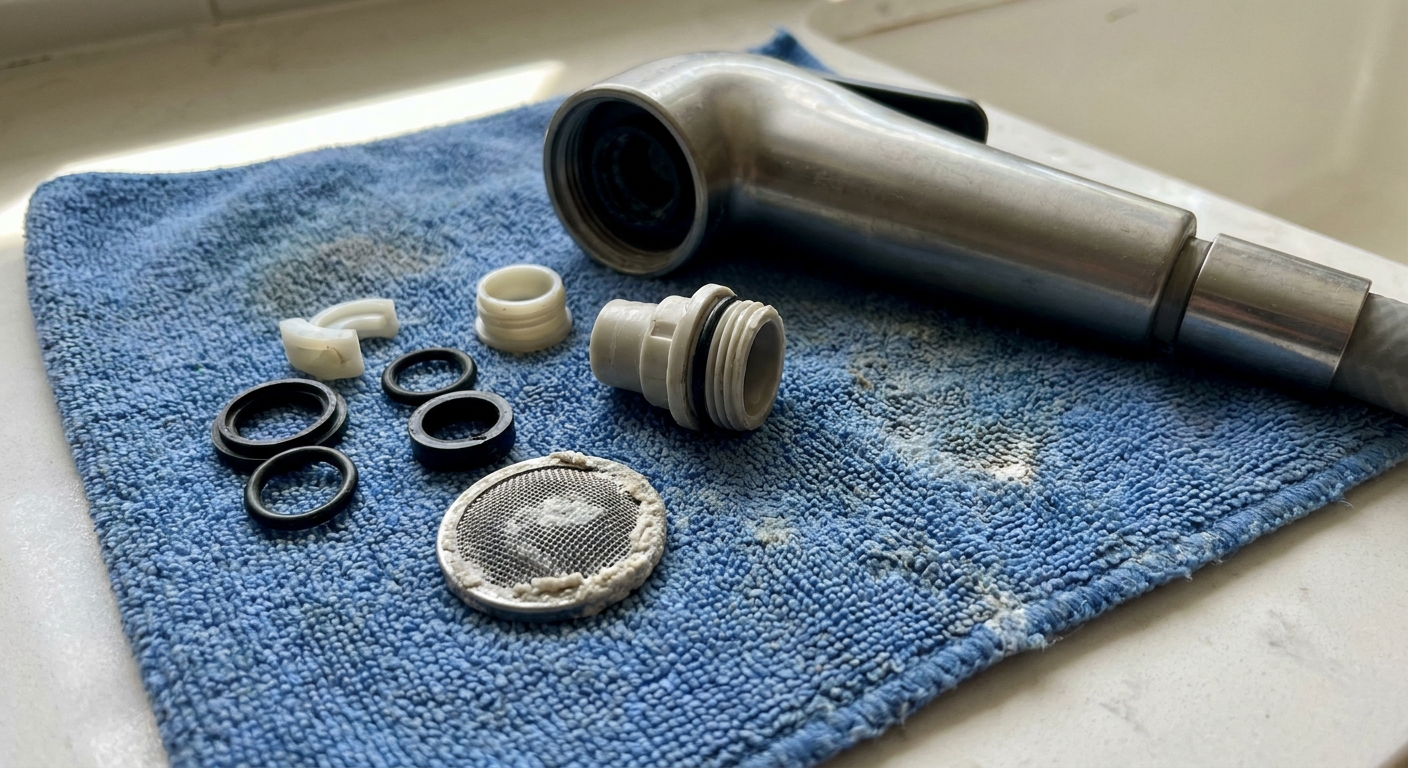 A kitchen sink sprayer head disassembled on a towel with a small screen filter showing visible mineral buildup