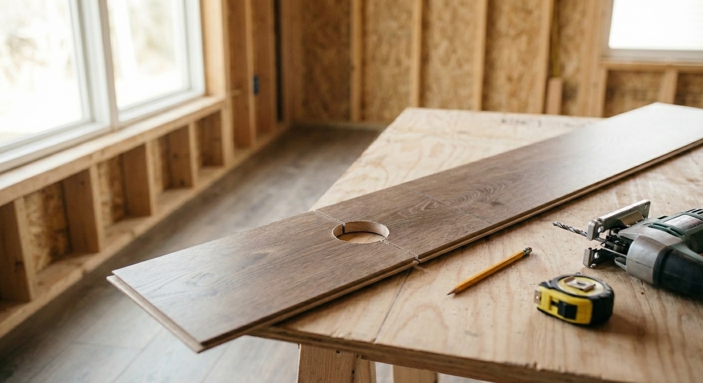 A laminate plank on a work surface with a drilled hole and a jigsaw cut line for fitting around a radiator pipe, realistic workshop photo