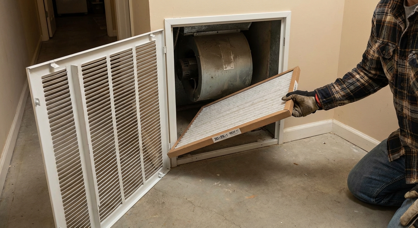 A large return air grille on a hallway wall opened with a furnace filter visible behind it
