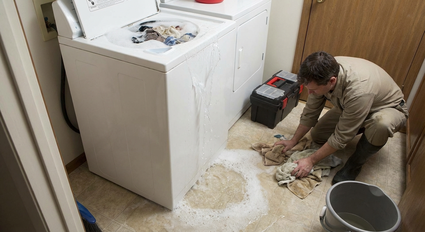 A laundry room with a top-loading washing machine overflowing with water, water pooling on the floor near the base of the washer, photorealistic indoor home repair scene
