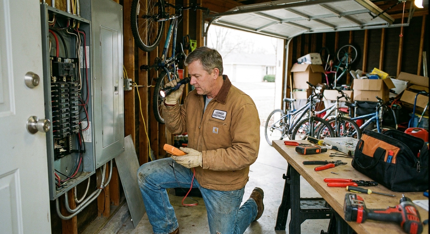 A licensed electrician in work clothes standing in a garage inspecting a residential electrical panel with tools nearby, documentary photography style