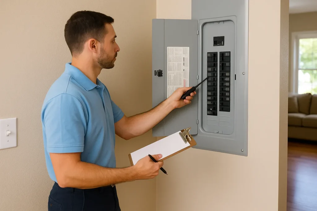 A licensed electrician kneeling in front of an open residential breaker panel using a multimeter