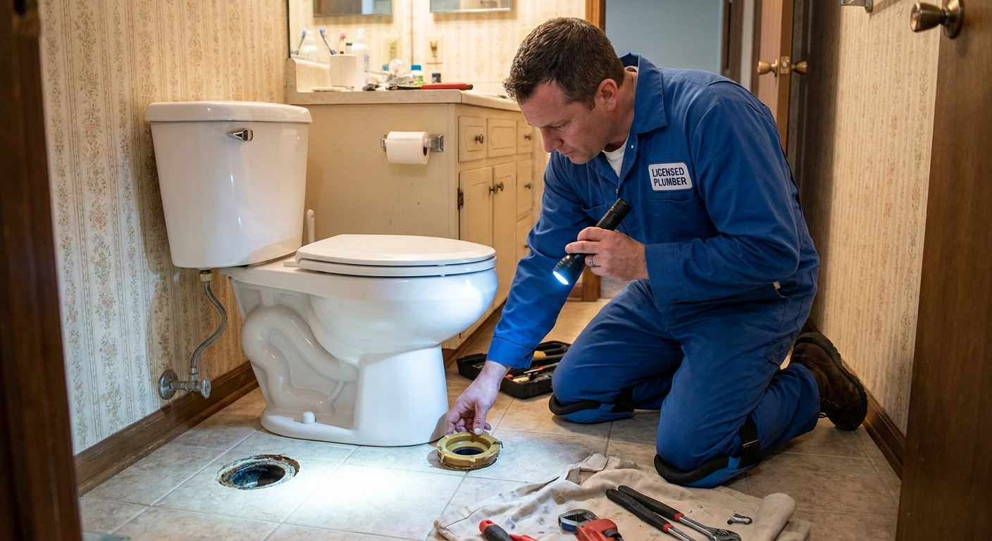 A licensed plumber using a flashlight to inspect the base of a toilet and nearby drain connections in a residential bathroom