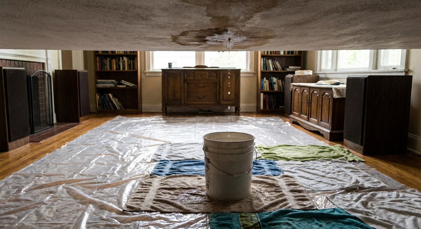 A living room floor protected with plastic sheeting and towels, with a bucket catching water dripping from a ceiling stain, real photo style