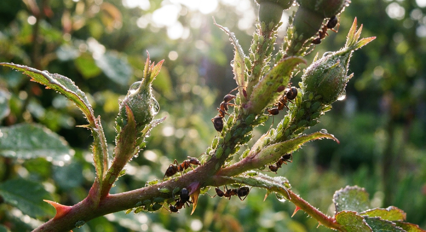 A macro photograph of ants walking on a rose stem among clusters of green aphids on new growth in an outdoor garden