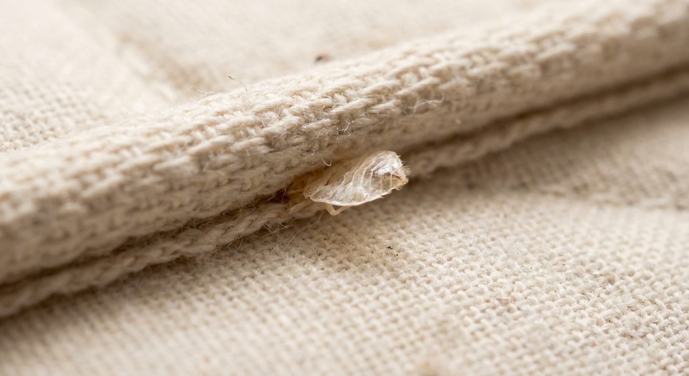A macro, photorealistic close-up of a pale bed bug shed skin caught in the stitching of a mattress seam, with textured fabric and natural indoor lighting