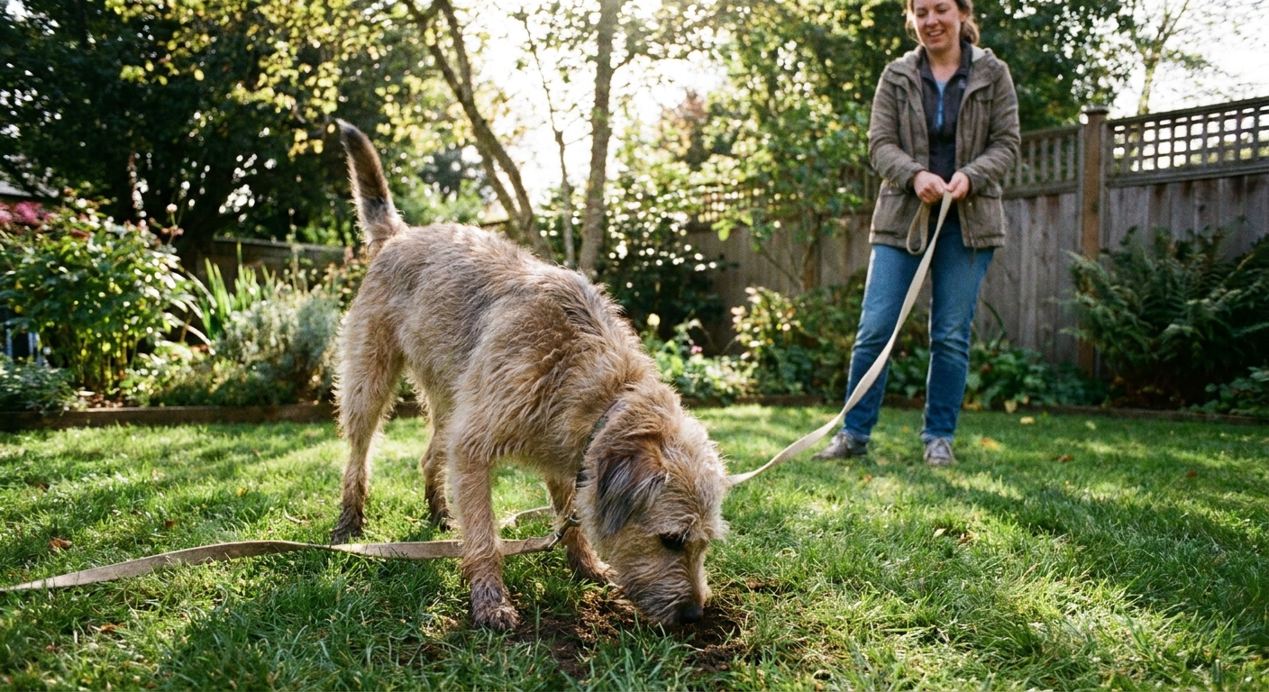 A medium-sized dog on a leash sniffing near a small hole in a backyard lawn while an owner stands back holding the leash, daytime photo