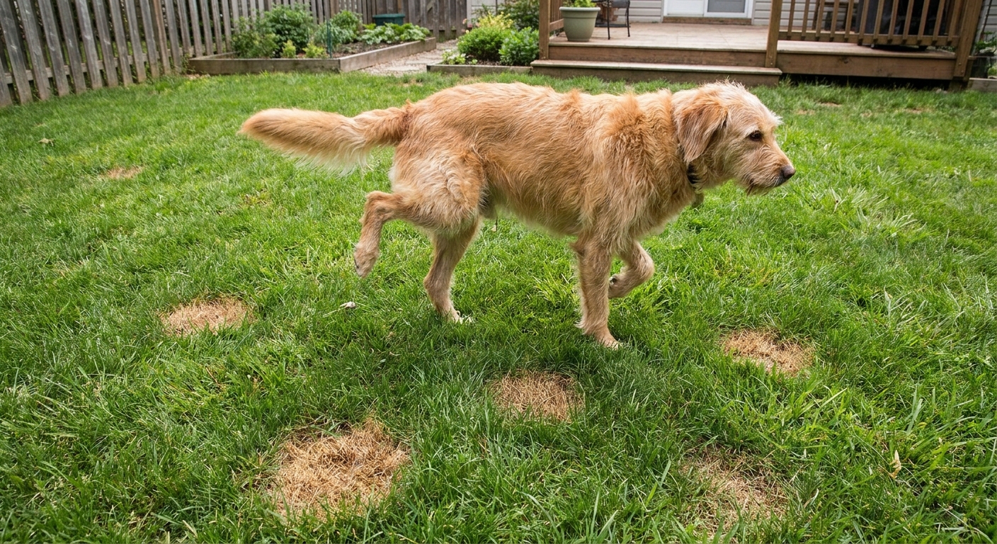 A medium-sized dog urinating on a green backyard lawn where several small brown circles of dead grass are visible nearby, real-life outdoor photo