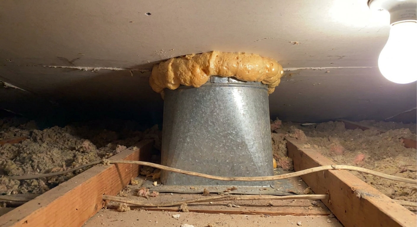 A metal HVAC duct boot in an attic with expanding foam sealing the gap where it meets the ceiling drywall