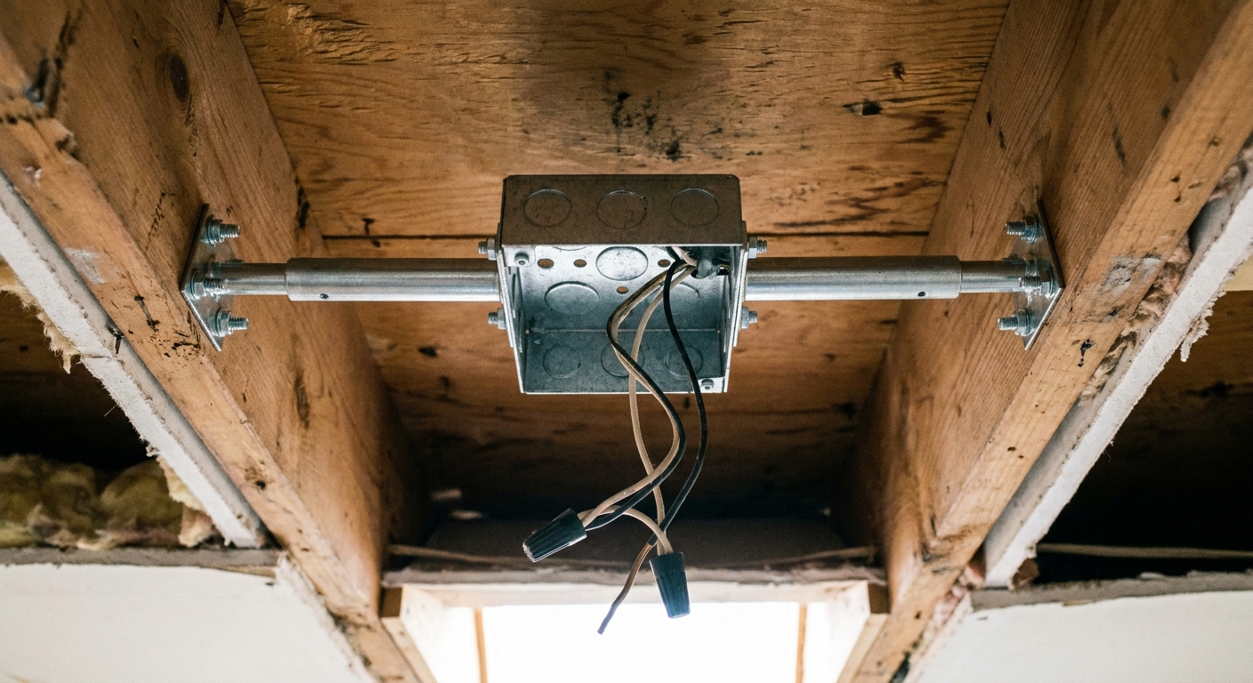 A metal fan-rated ceiling electrical box fastened to a support brace between joists, photographed from below with the fan removed