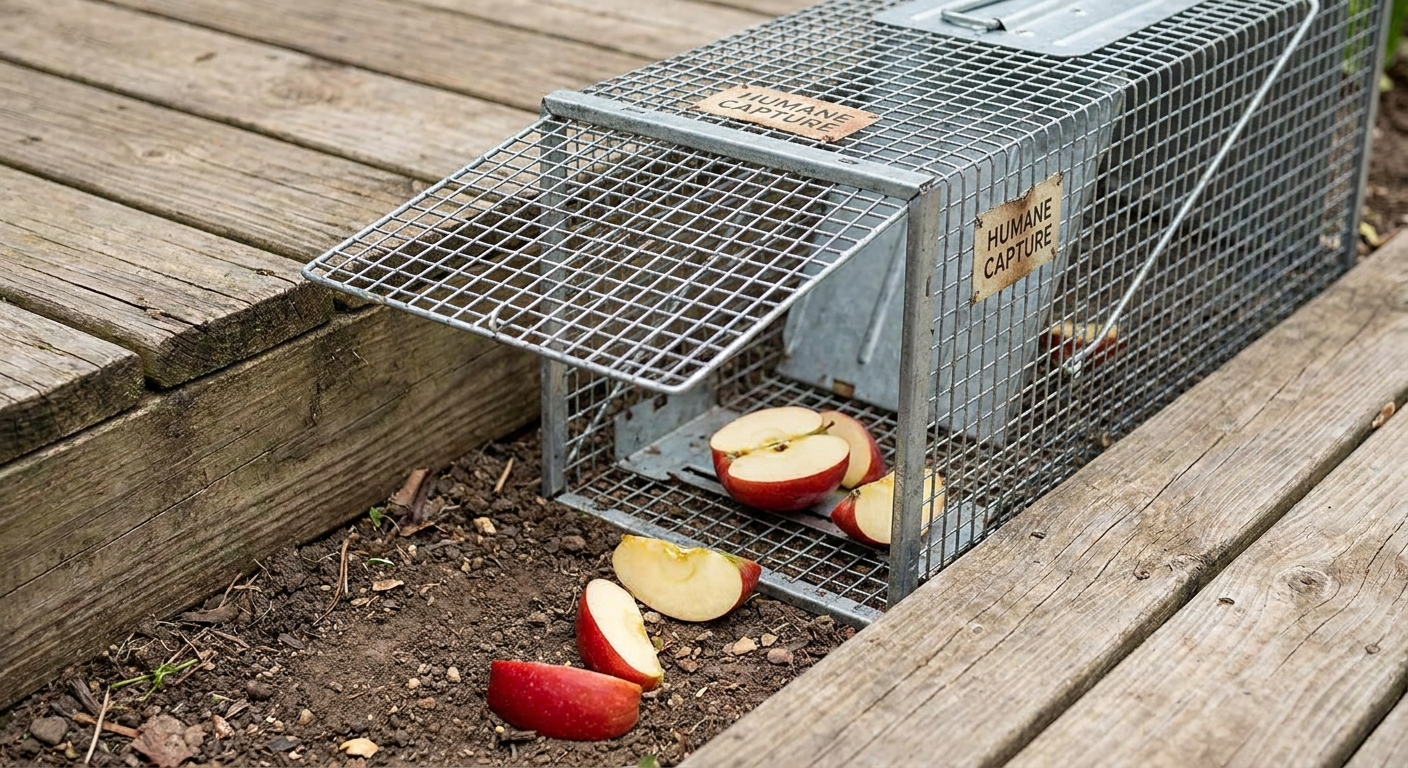 A metal live animal trap placed beside a wooden deck with apple slices used as bait, set up for humane capture