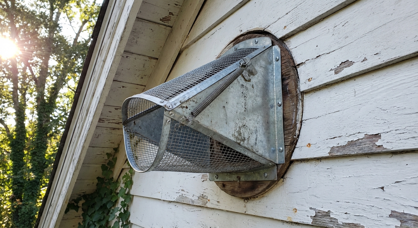 A metal one-way wildlife exclusion door mounted over a round attic vent opening on the side of a house, photographed in natural daylight