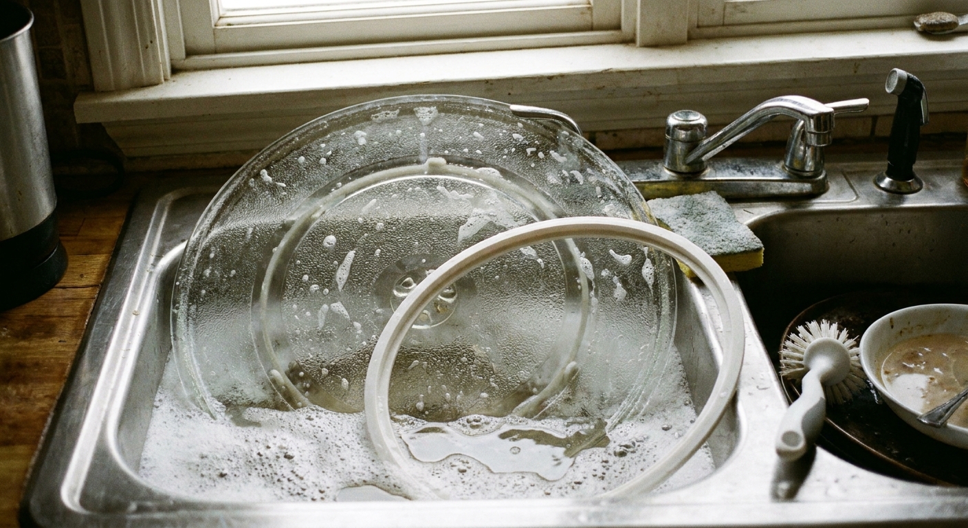 A microwave glass turntable and plastic roller ring sitting in a kitchen sink filled with warm soapy water