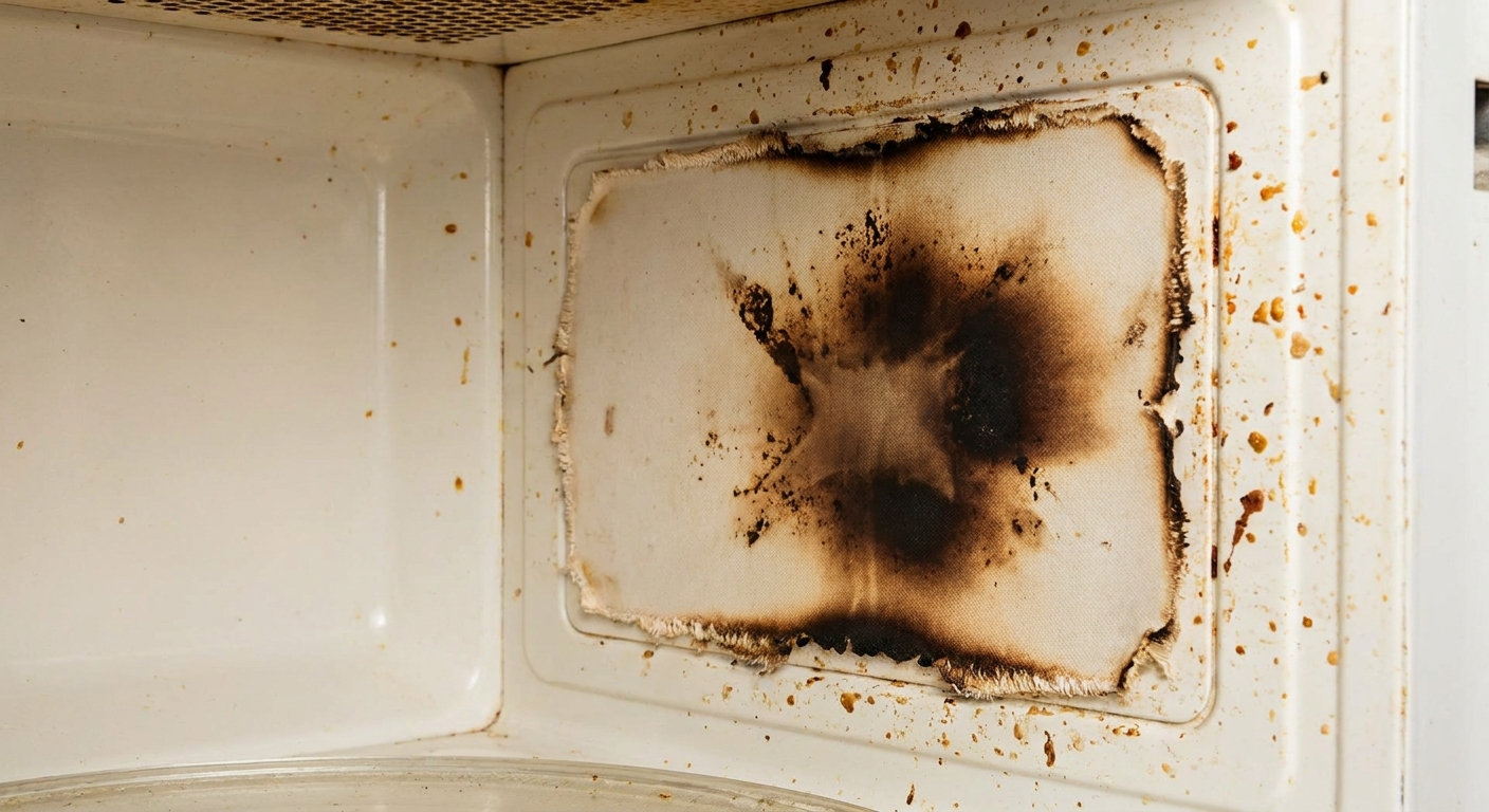 A microwave interior wall showing a waveguide cover with dark brown scorch marks and rough edges