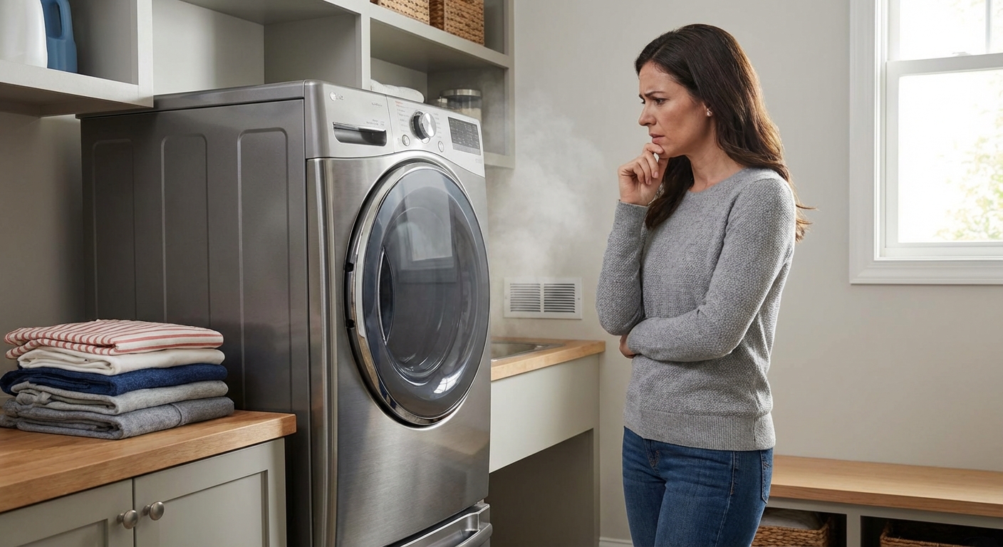 A modern front-load dryer in a home laundry room with a faint haze near the vent area and a person standing nearby looking concerned, realistic indoor photo