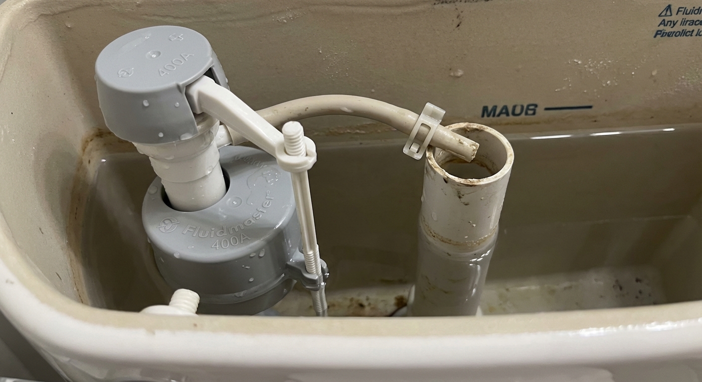 A modern toilet fill valve inside a tank with the refill tube clipped to the overflow tube