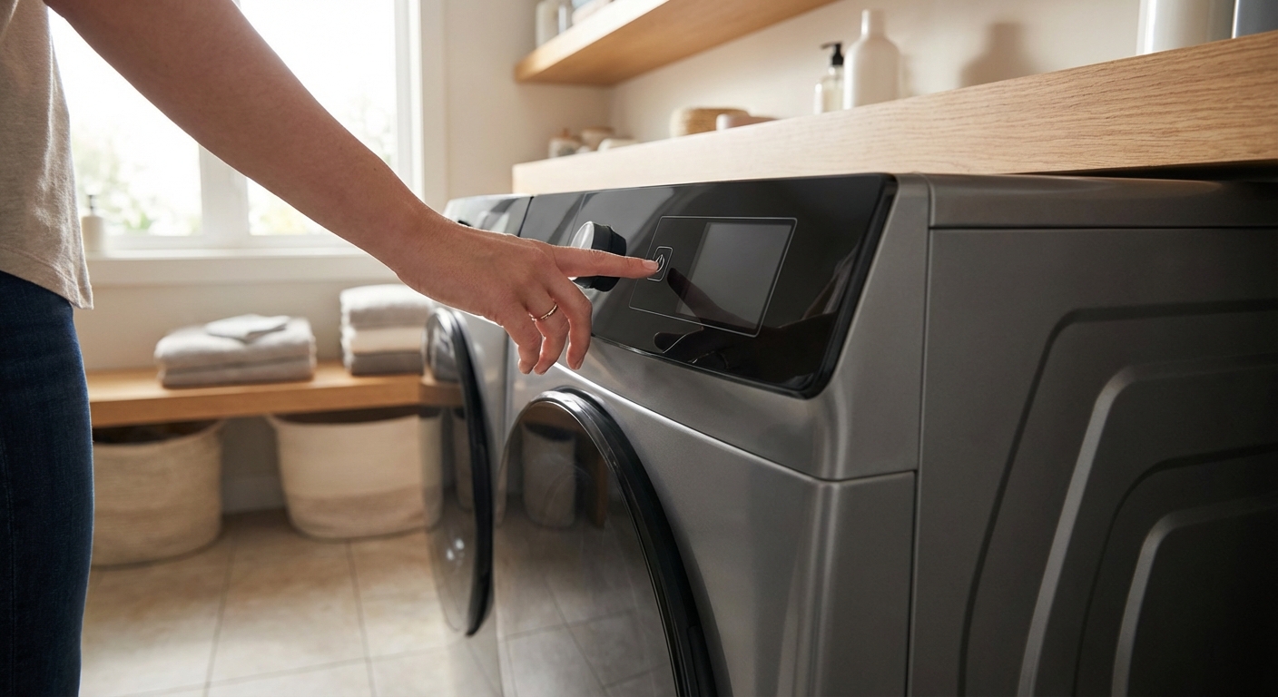 A modern washing machine in a laundry room with the control panel dark and a person’s hand hovering near the power button, natural indoor lighting, photorealistic