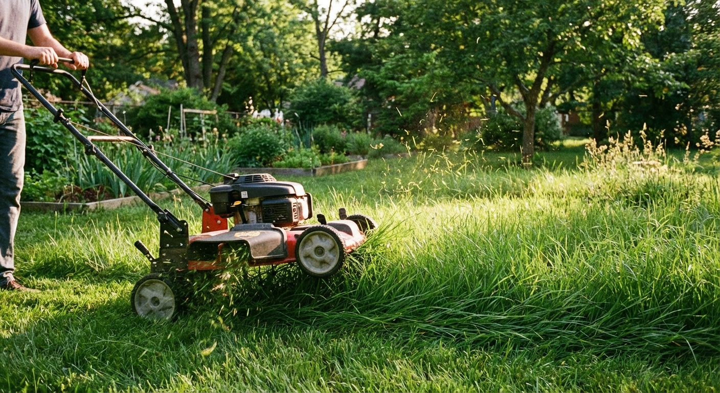 A mower cutting a backyard lawn with a visible tall mowing height setting, showing healthy longer grass blades and a clean cut line