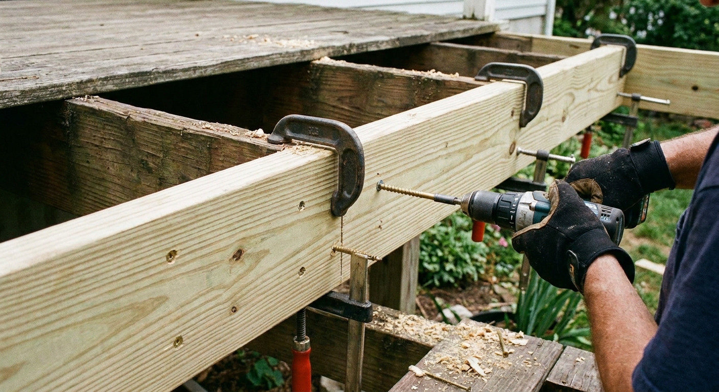 A new joist board clamped alongside an existing deck joist while structural screws are driven in to reinforce the framing