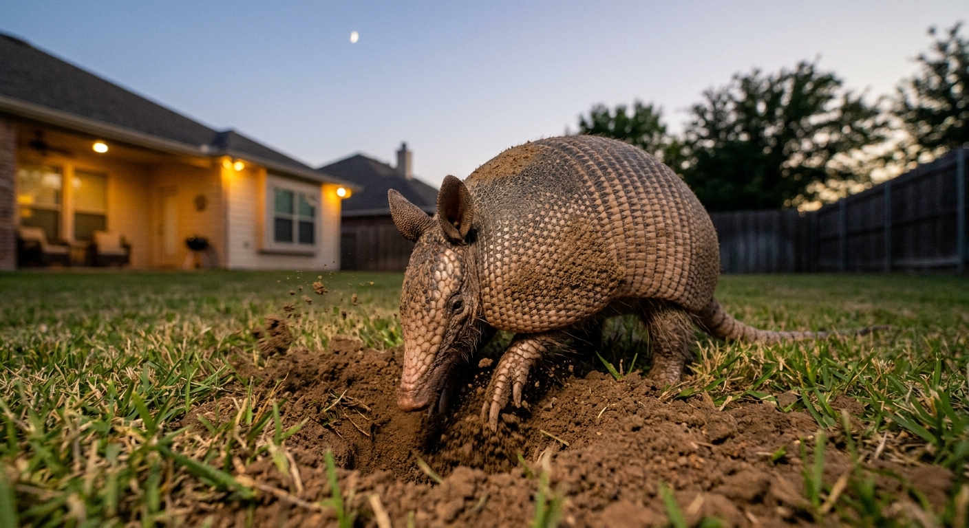 A nine-banded armadillo with its snout in the soil, digging in a suburban lawn at dusk, realistic wildlife photo