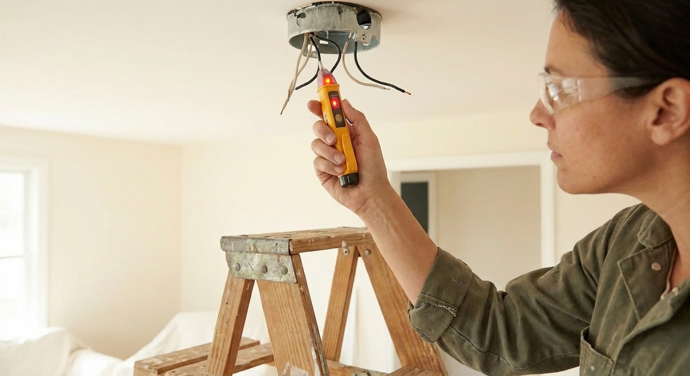 A non-contact voltage tester held in a hand above exposed electrical wires in a ceiling electrical box, close-up photorealistic home repair scene