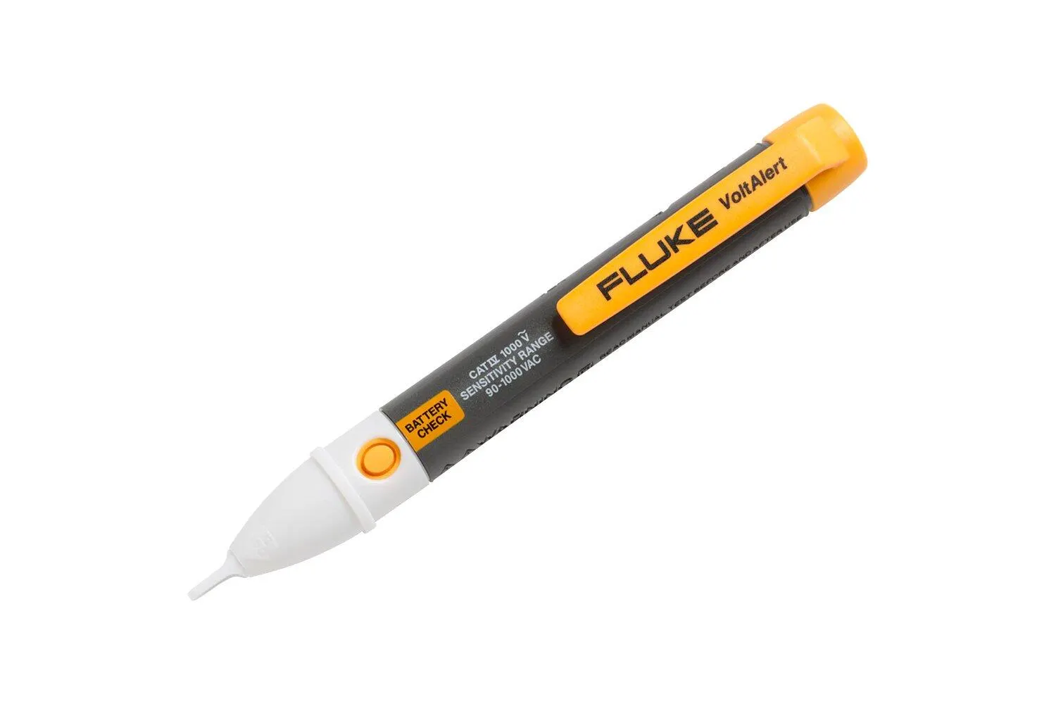 A non-contact voltage tester held near a duplex wall outlet to confirm power is present
