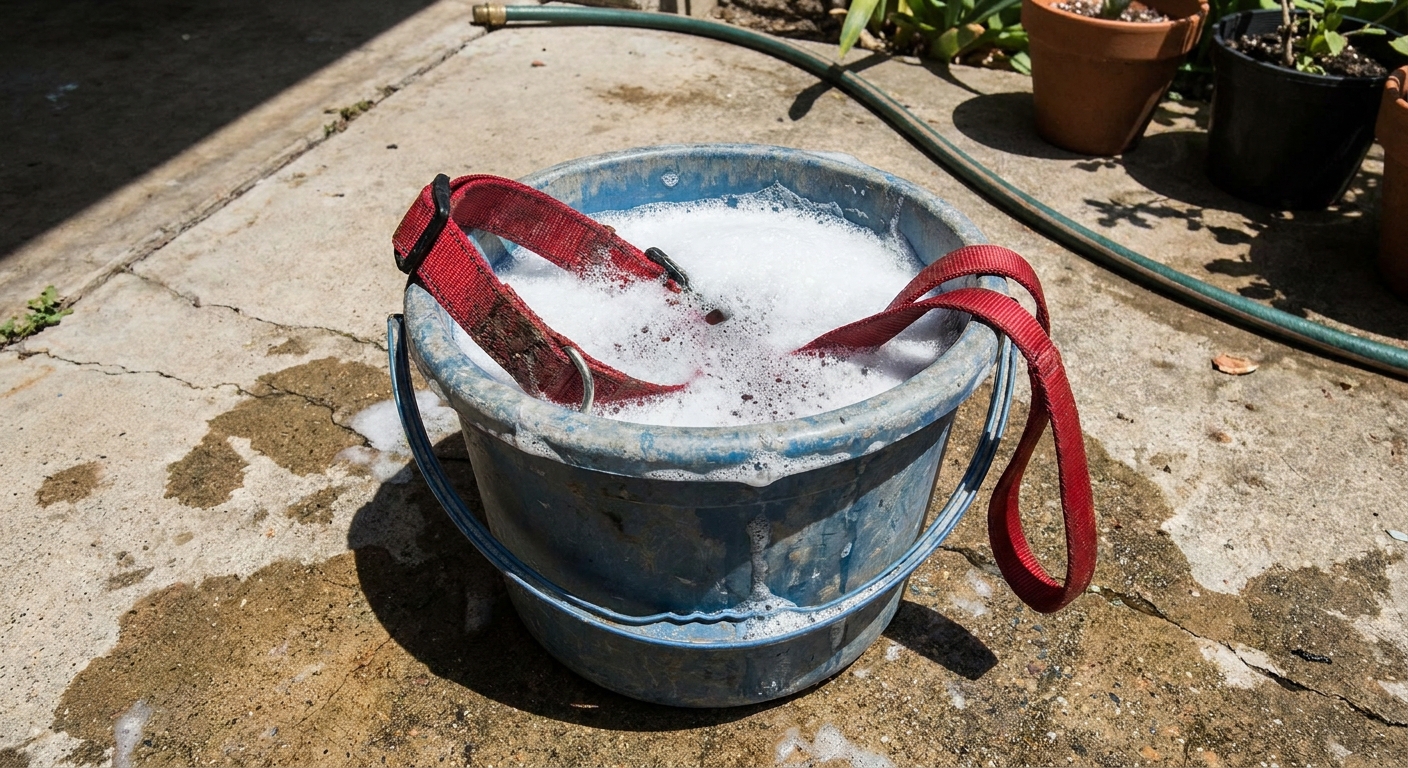 A nylon dog collar and leash soaking in a plastic bucket filled with sudsy water on a concrete patio