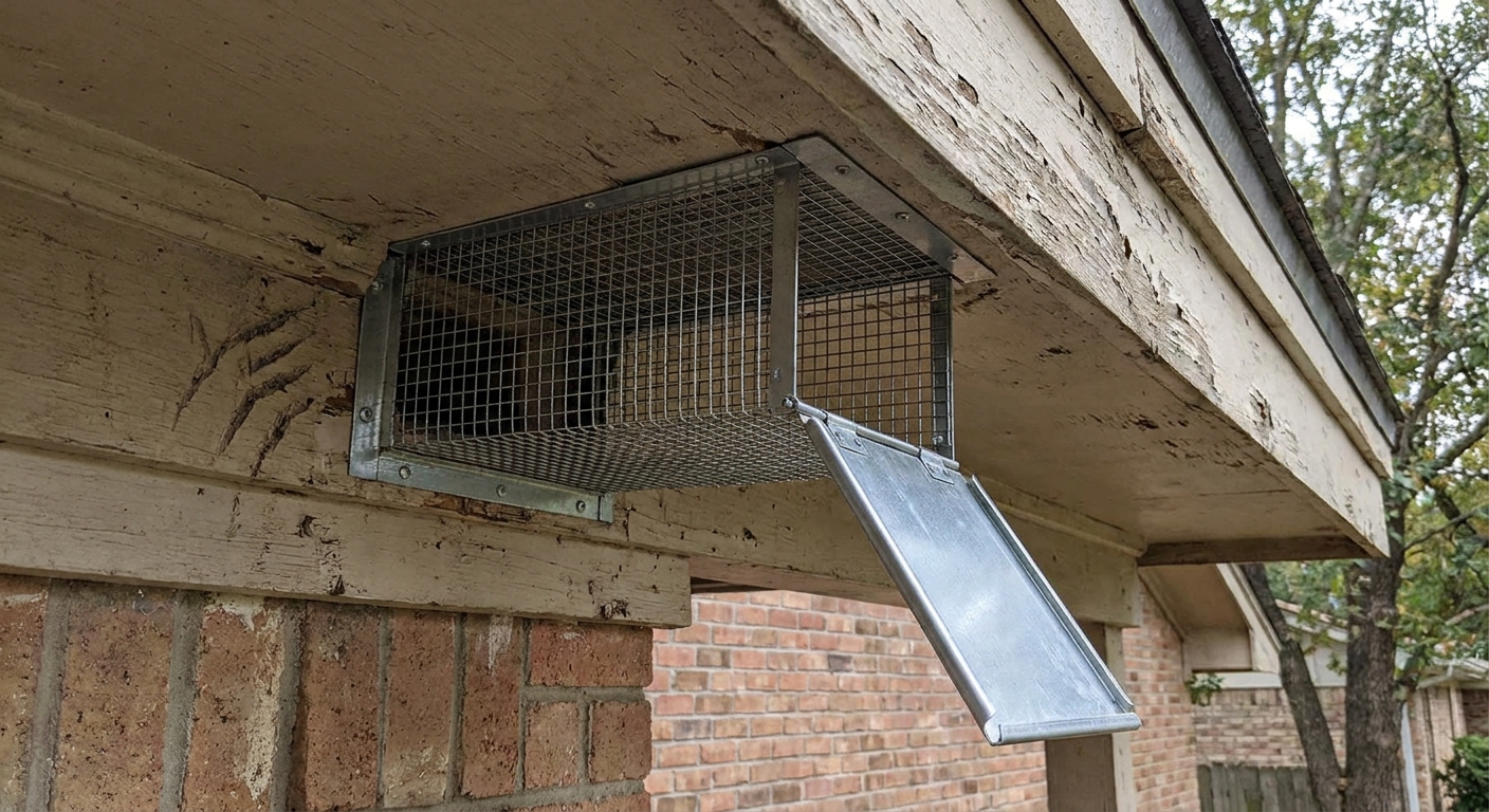 A one-way wildlife exclusion door attached over an exterior soffit opening, with the exit flap hanging freely