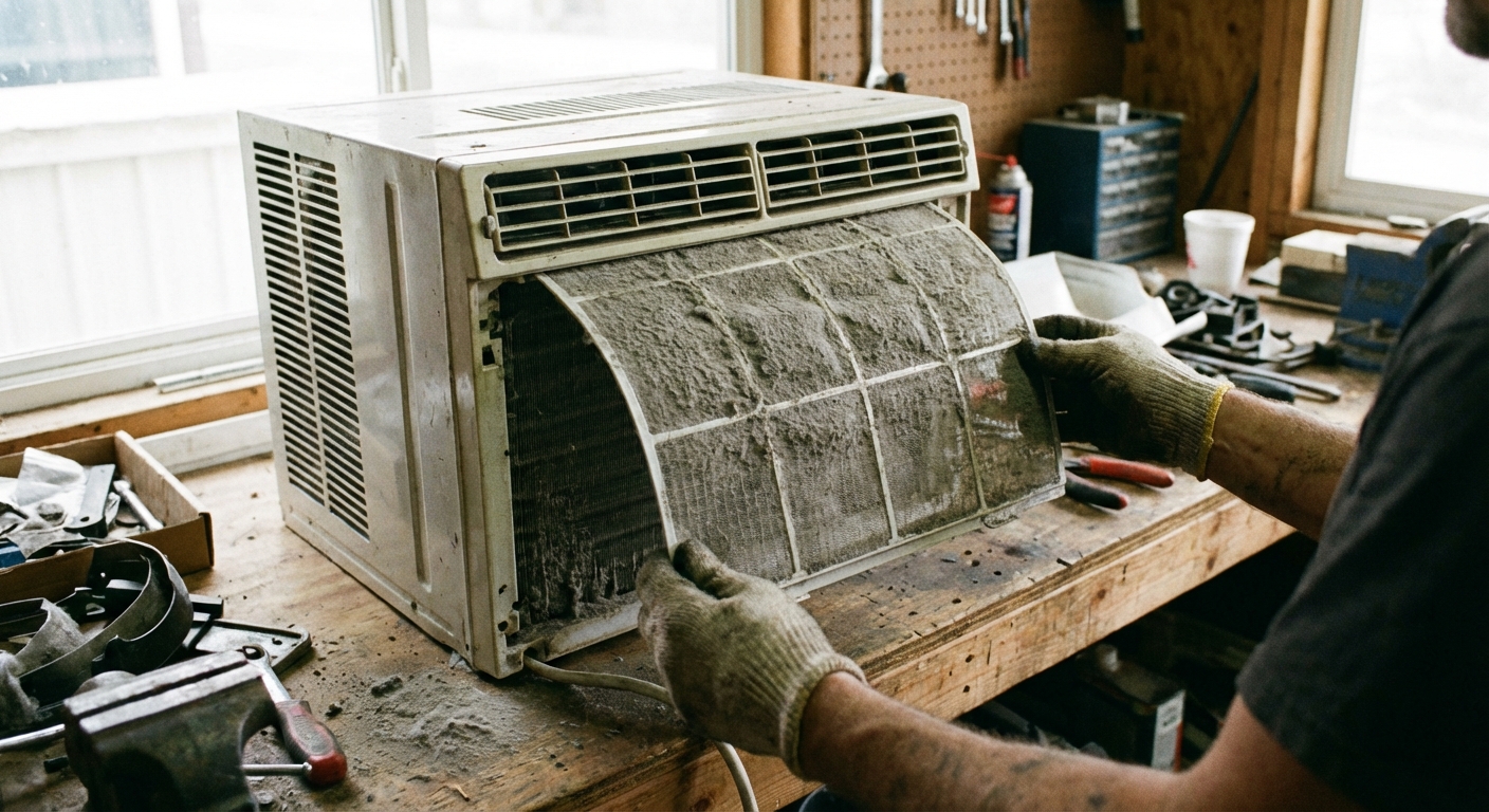 A pair of hands sliding a dusty mesh air filter out of the front of a window air conditioner on a workbench, indoor photo with the filter clearly visible