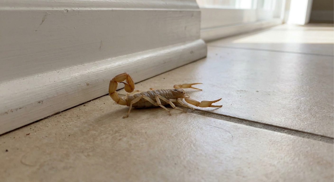 A pale tan Arizona bark scorpion on a light colored indoor tile floor near a baseboard, photographed in natural household lighting