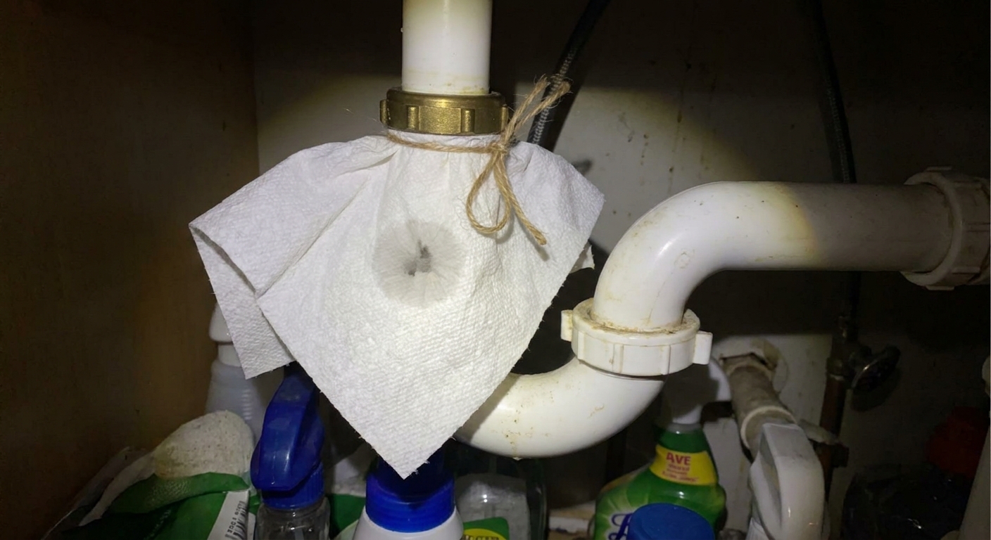 A paper towel wrapped around a slip-joint nut under a kitchen sink to check for moisture