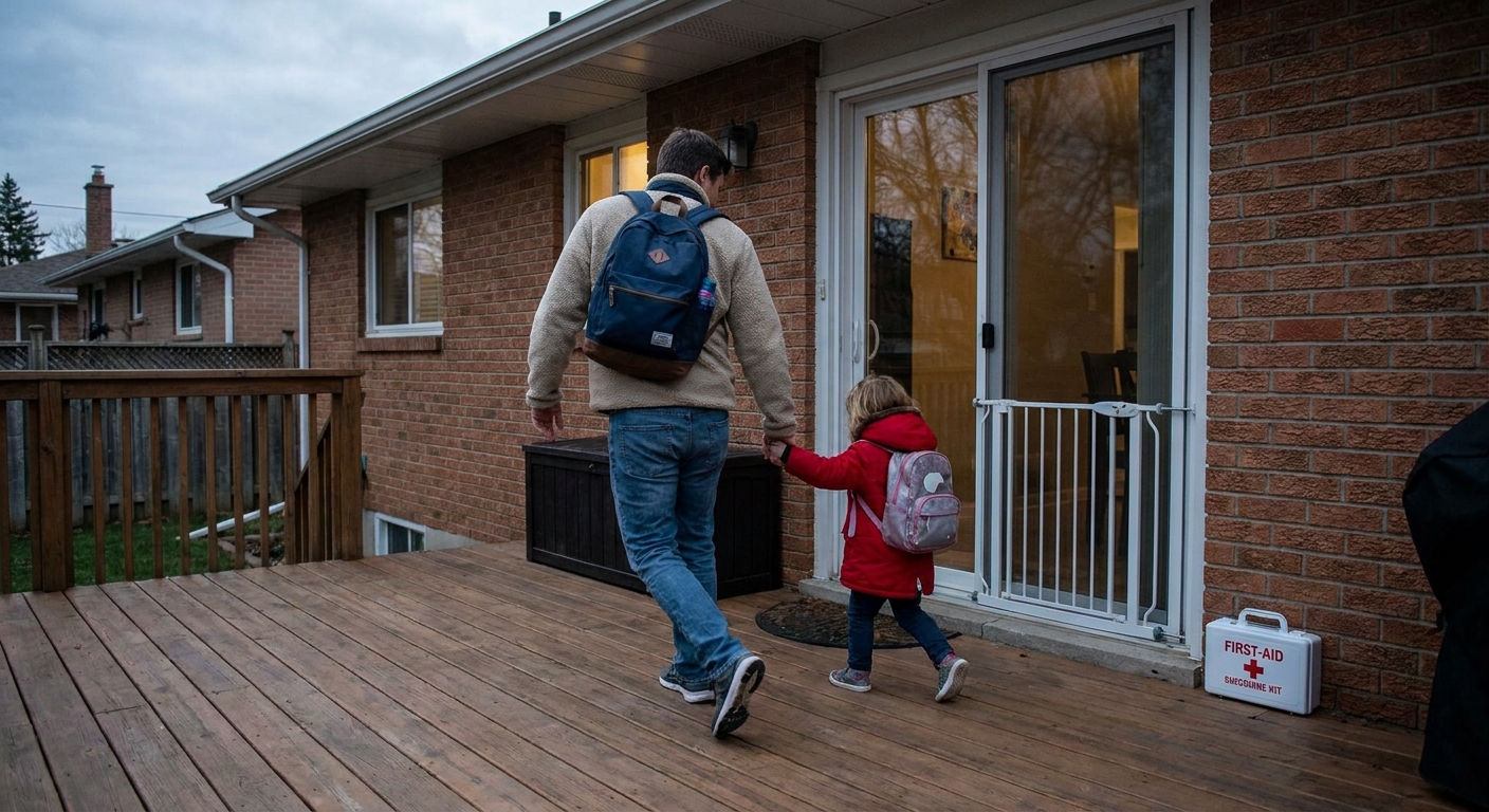 A parent holding a small child by the hand and moving quickly toward a back door from a suburban patio, realistic home safety photo