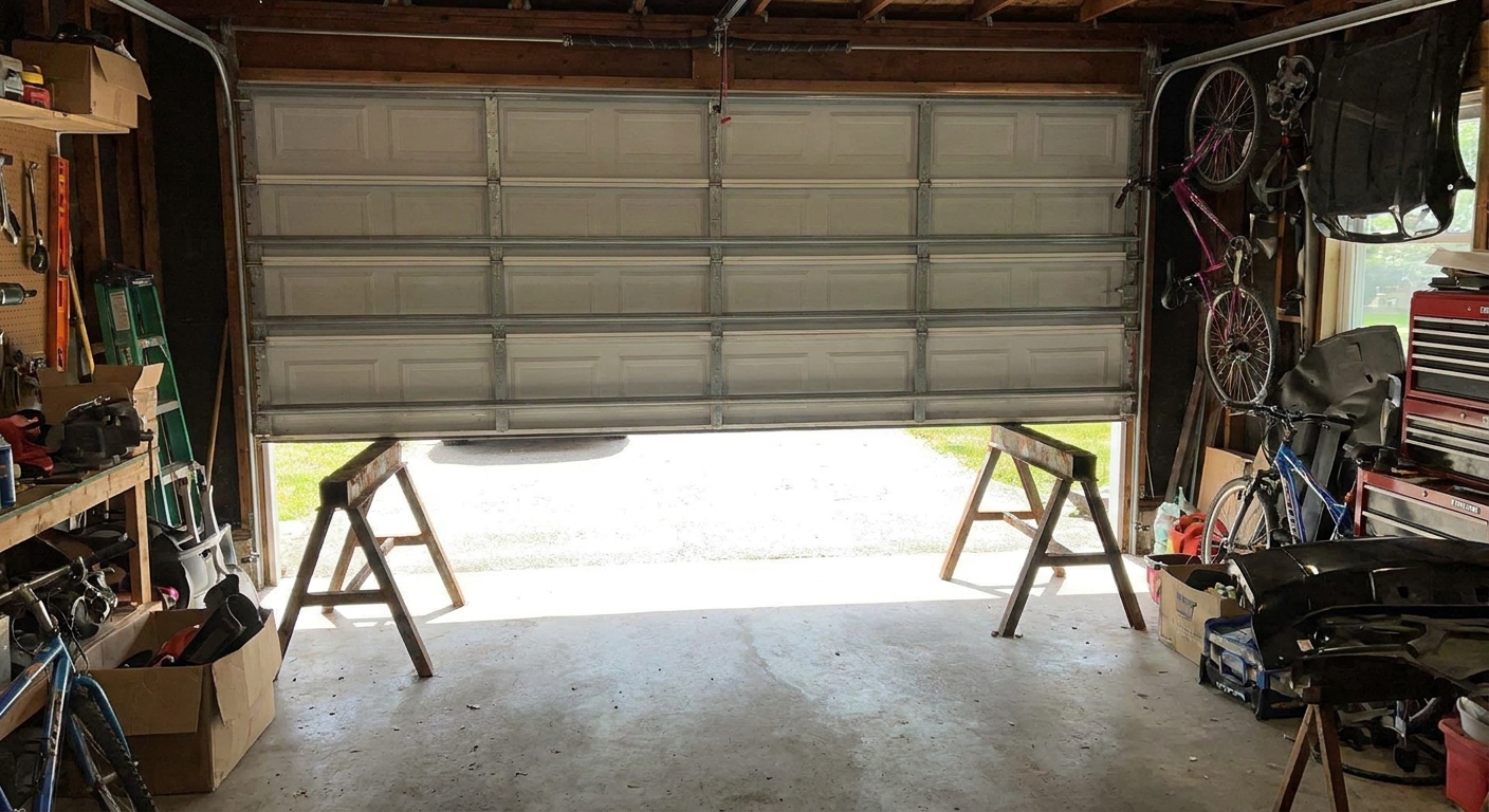 A partially open garage door resting on two heavy-duty sawhorses placed under the bottom corners inside the garage