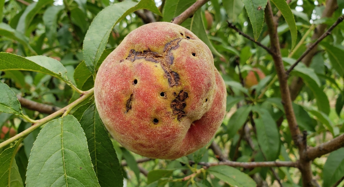 A peach on the tree with distorted, scarred areas and surface punctures consistent of stink bug feeding