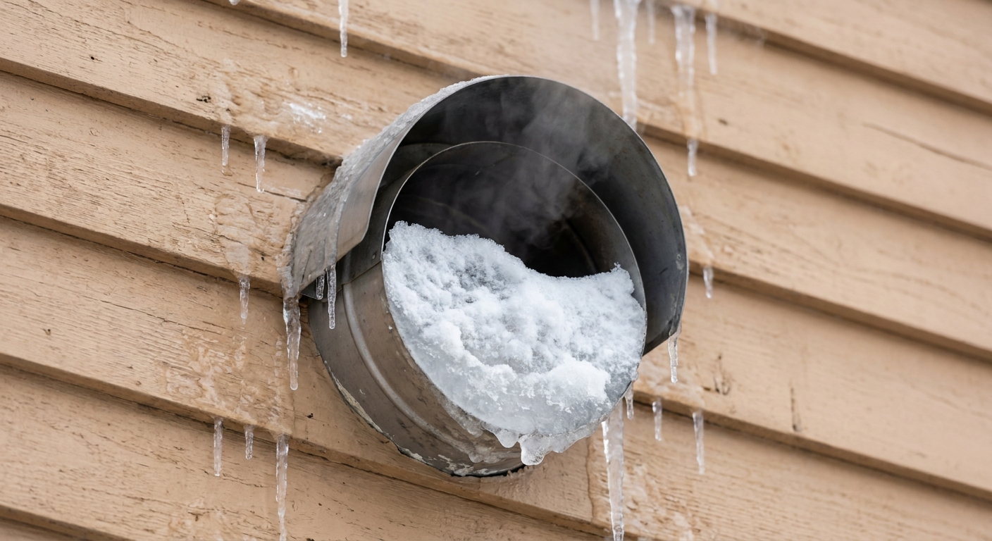 A pellet stove exhaust vent termination on the outside of a house partially blocked by snow near the siding, winter photo
