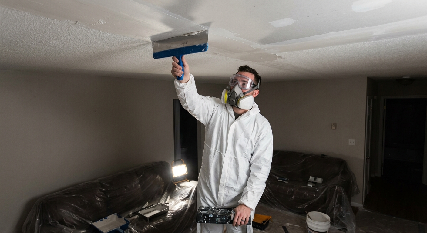 A person applying a thin skim coat of joint compound on a ceiling using a wide finishing knife
