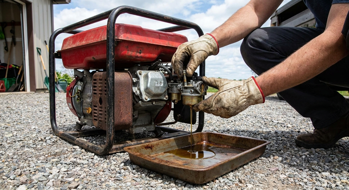 A person draining old gasoline from a portable generator carburetor bowl into a small metal pan outdoors