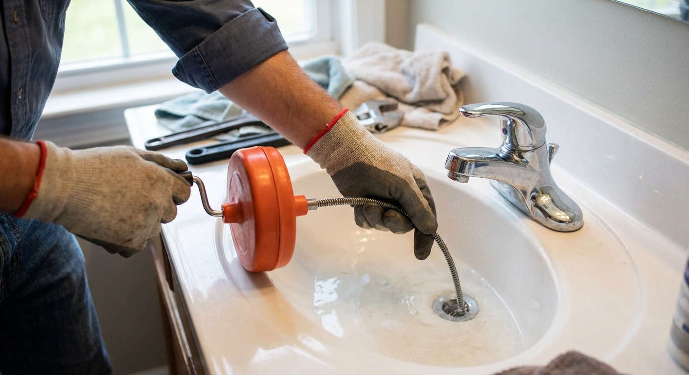 A person feeding a small hand-crank drain snake into a bathroom sink drain from above, with the sink basin visible and the other hand steadying the cable, photorealistic