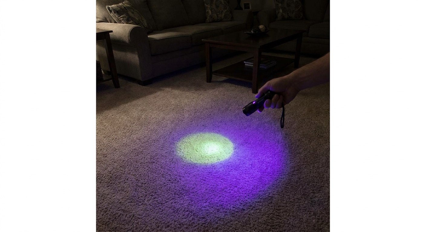 A person holding a UV flashlight over a carpeted floor in a dim room, revealing a urine spot glow, real photo