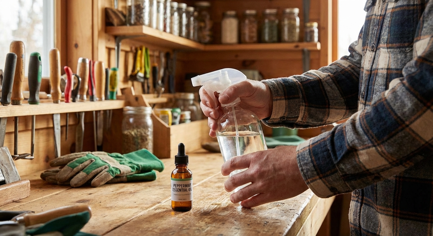 A person holding a clear spray bottle on a workbench with a small bottle of peppermint essential oil beside it, indoor home setting, photorealistic