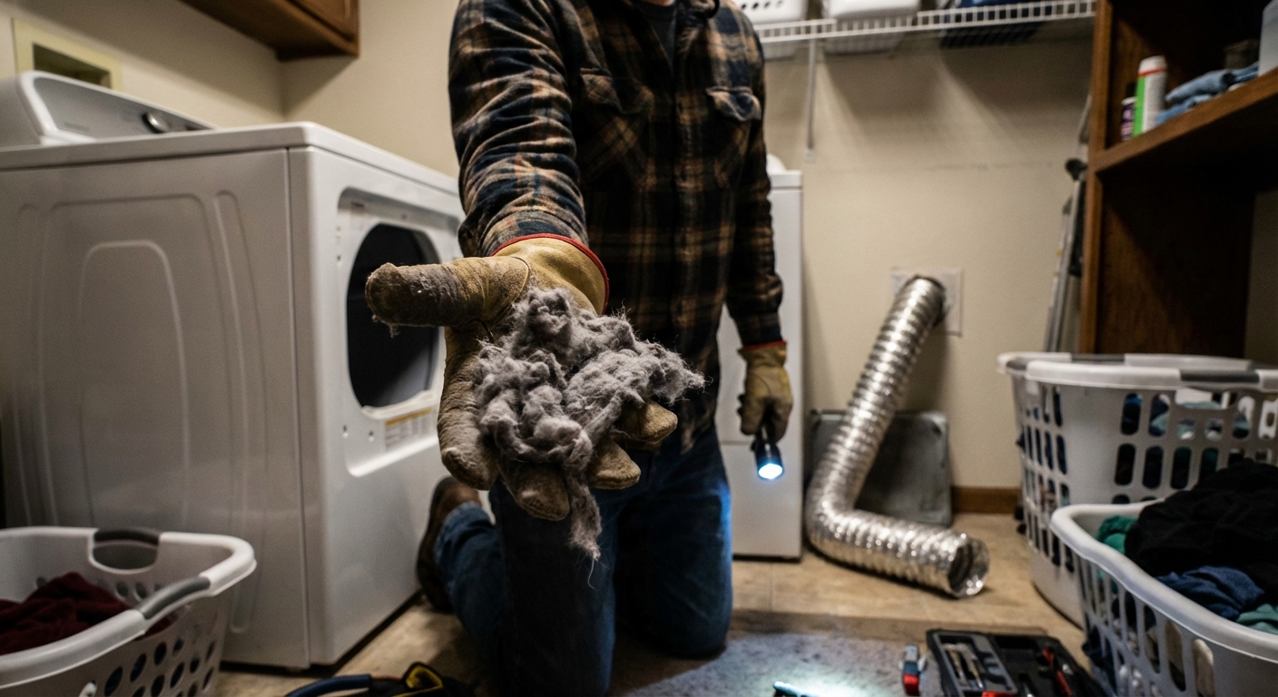 A person holding a handful of gray lint pulled from a flexible dryer vent duct behind a dryer, realistic home maintenance photo