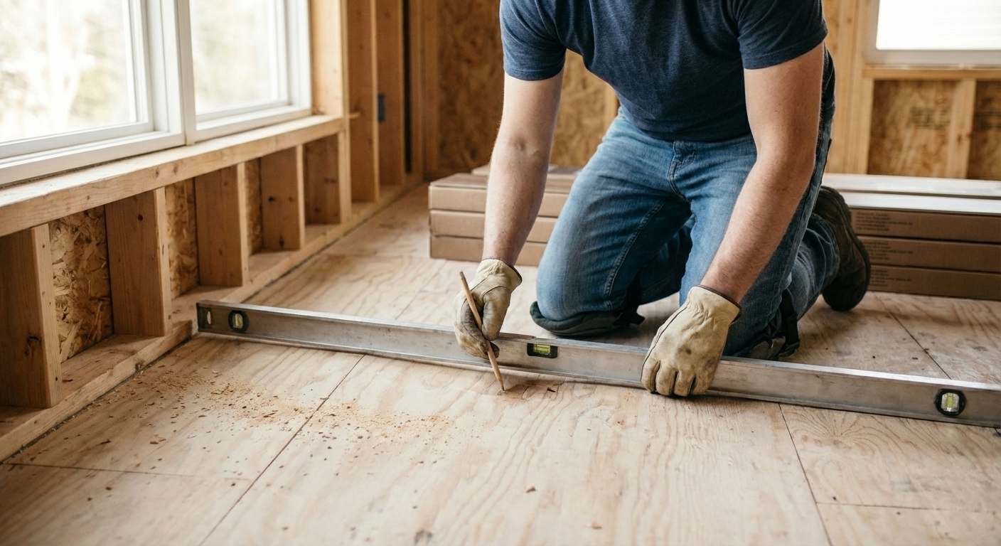 A person holding a long straightedge across a plywood subfloor while marking a low spot with a pencil, close-up realistic renovation photo