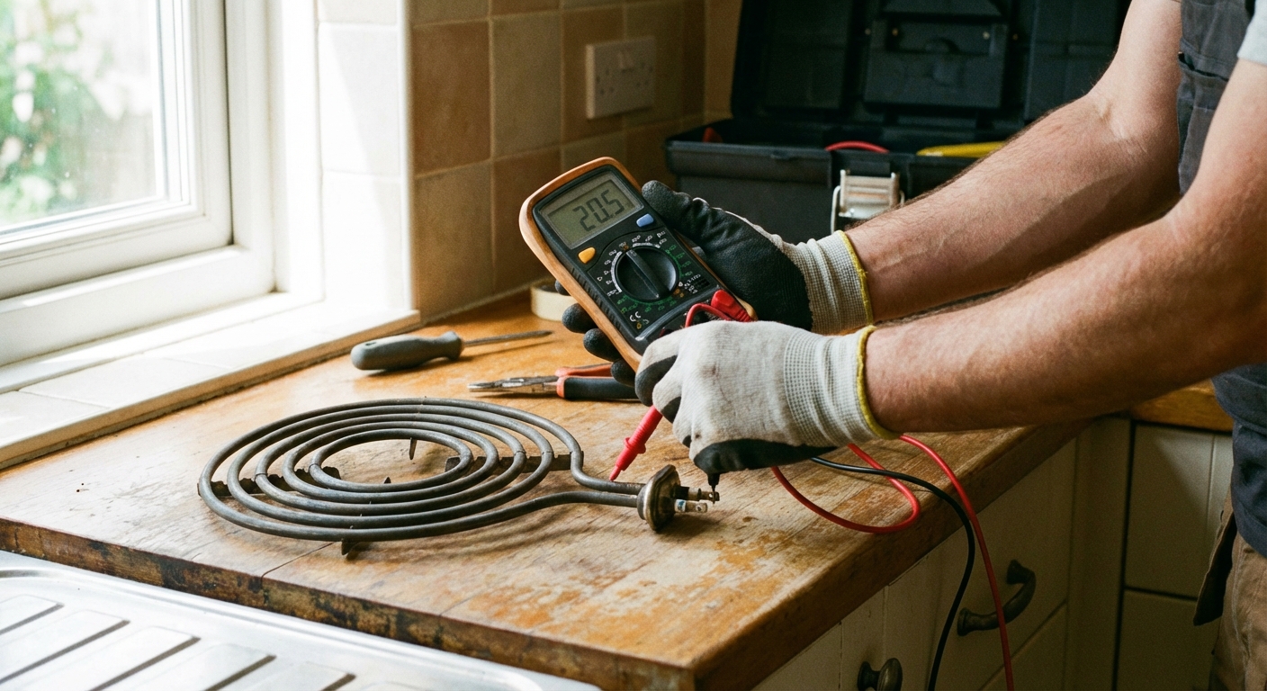 A person holding a multimeter with probes touching the terminals of an electric oven bake element on a kitchen counter, photographed close up with natural light