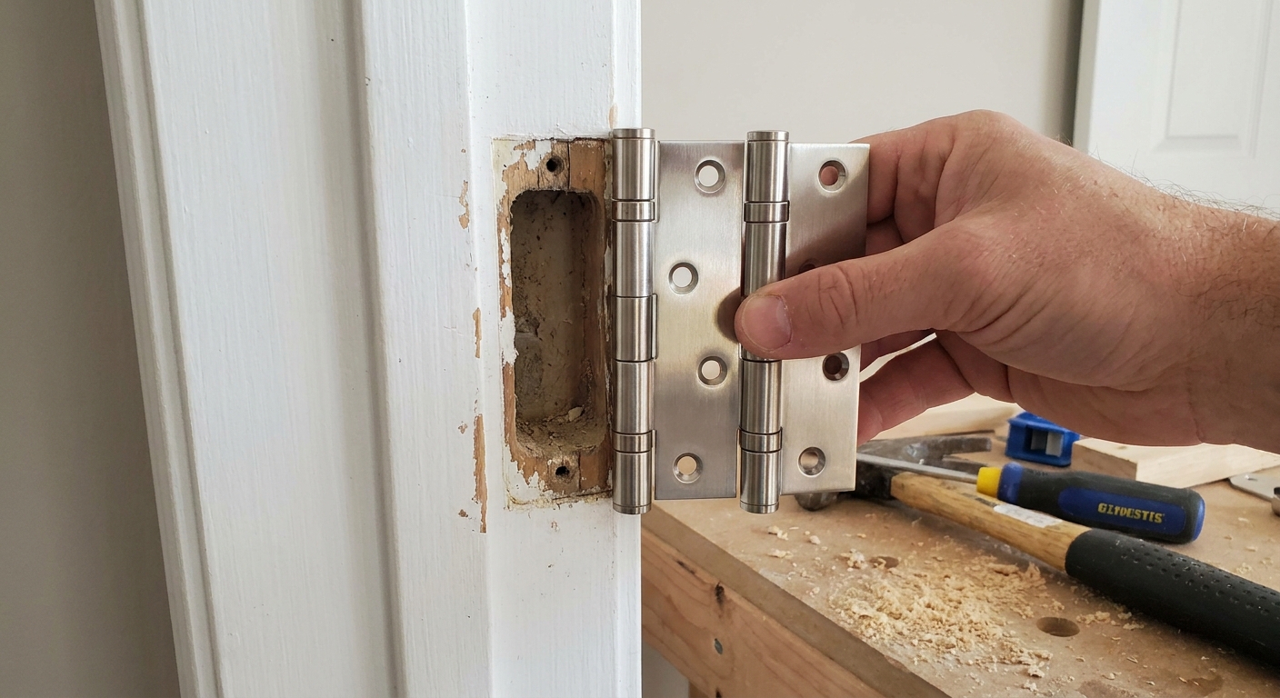 A person holding a new satin nickel door hinge next to an existing hinge mortise on a painted interior door frame