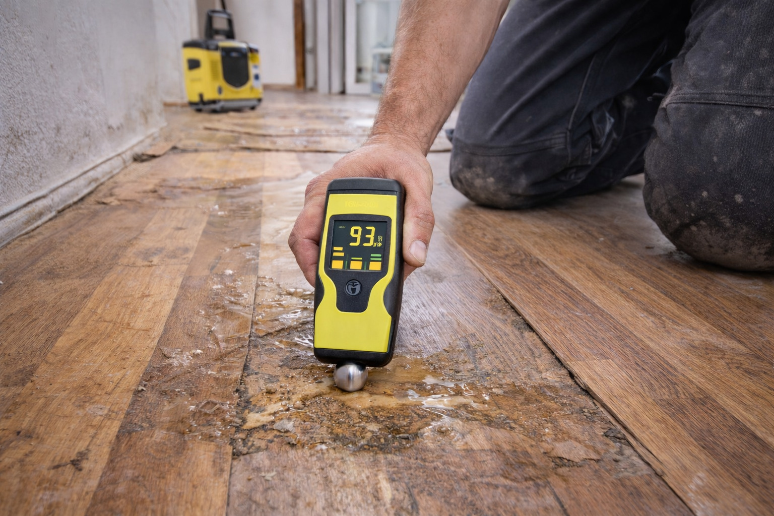A person holding a pin-style moisture meter against a plywood subfloor, checking moisture content before installing vinyl plank flooring