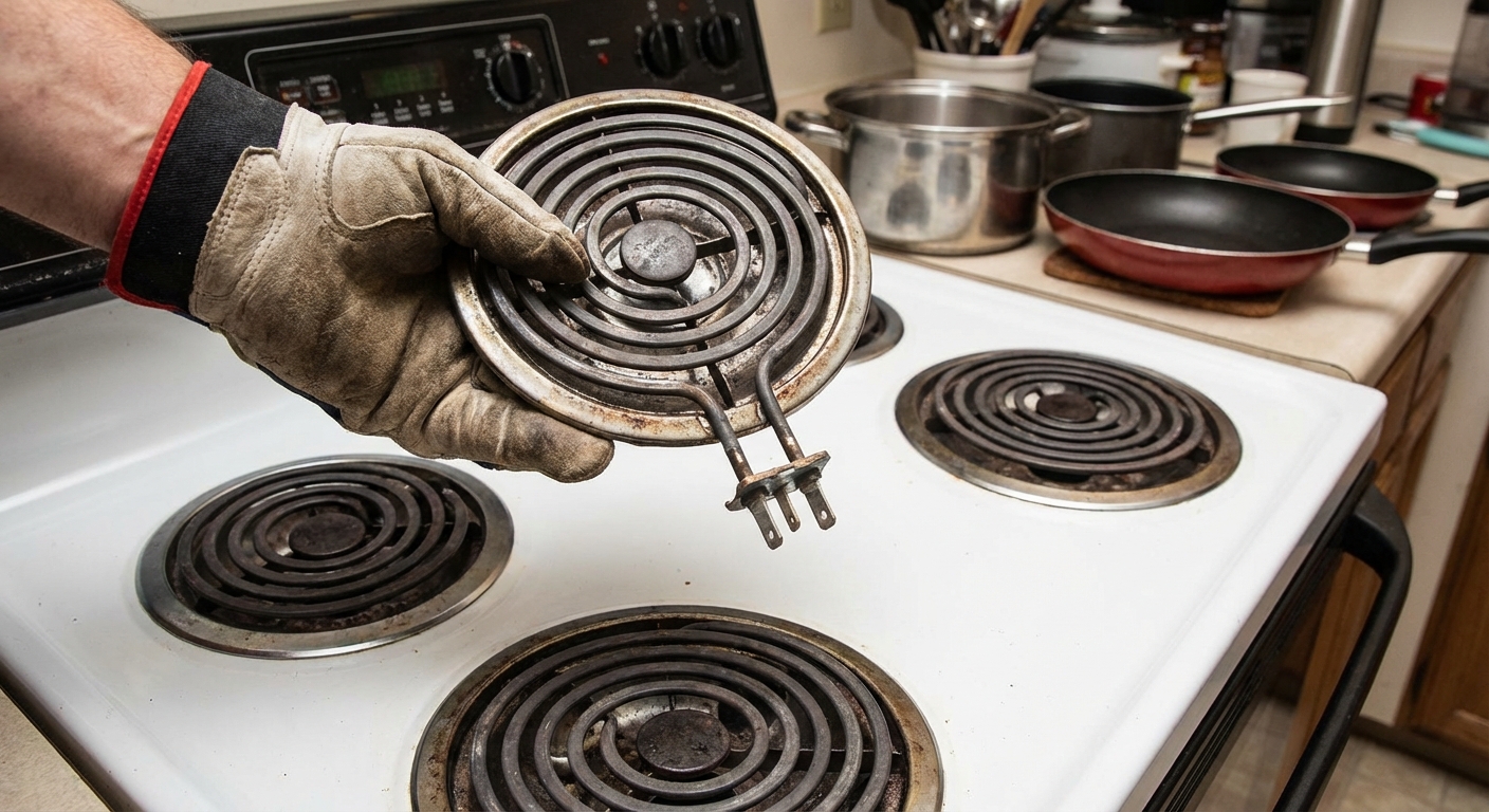 A person holding a round electric coil burner element above a coil-top stove, showing the plug-in prongs, real photo