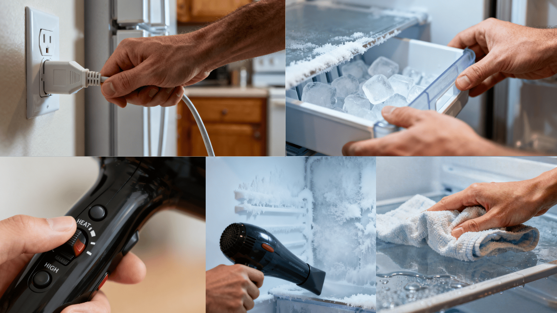 A person holding a warm damp towel against the side of a frosted plastic ice bin inside an open freezer drawer, realistic indoor photo