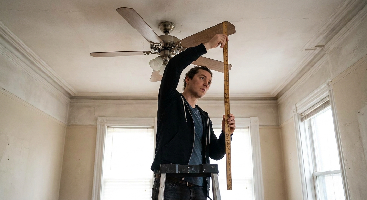 A person holding a yardstick up to a ceiling fan blade tip to compare blade height while the fan is off