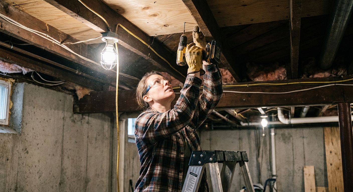 A person in an unfinished basement looking up at floor joists and subfloor, using a drill to fasten the subfloor to a joist, realistic indoor photograph