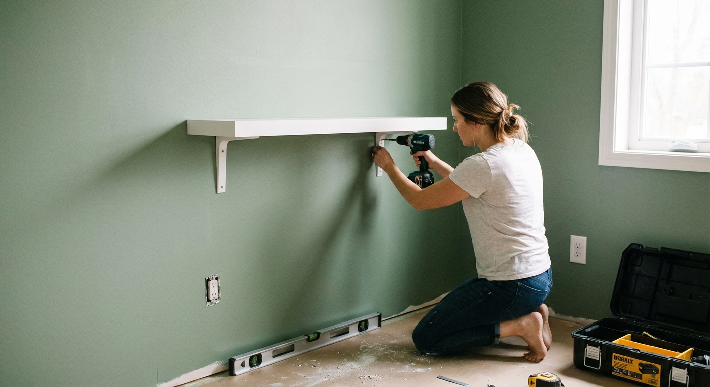 A person installing a white floating shelf on a painted drywall wall using a drill
